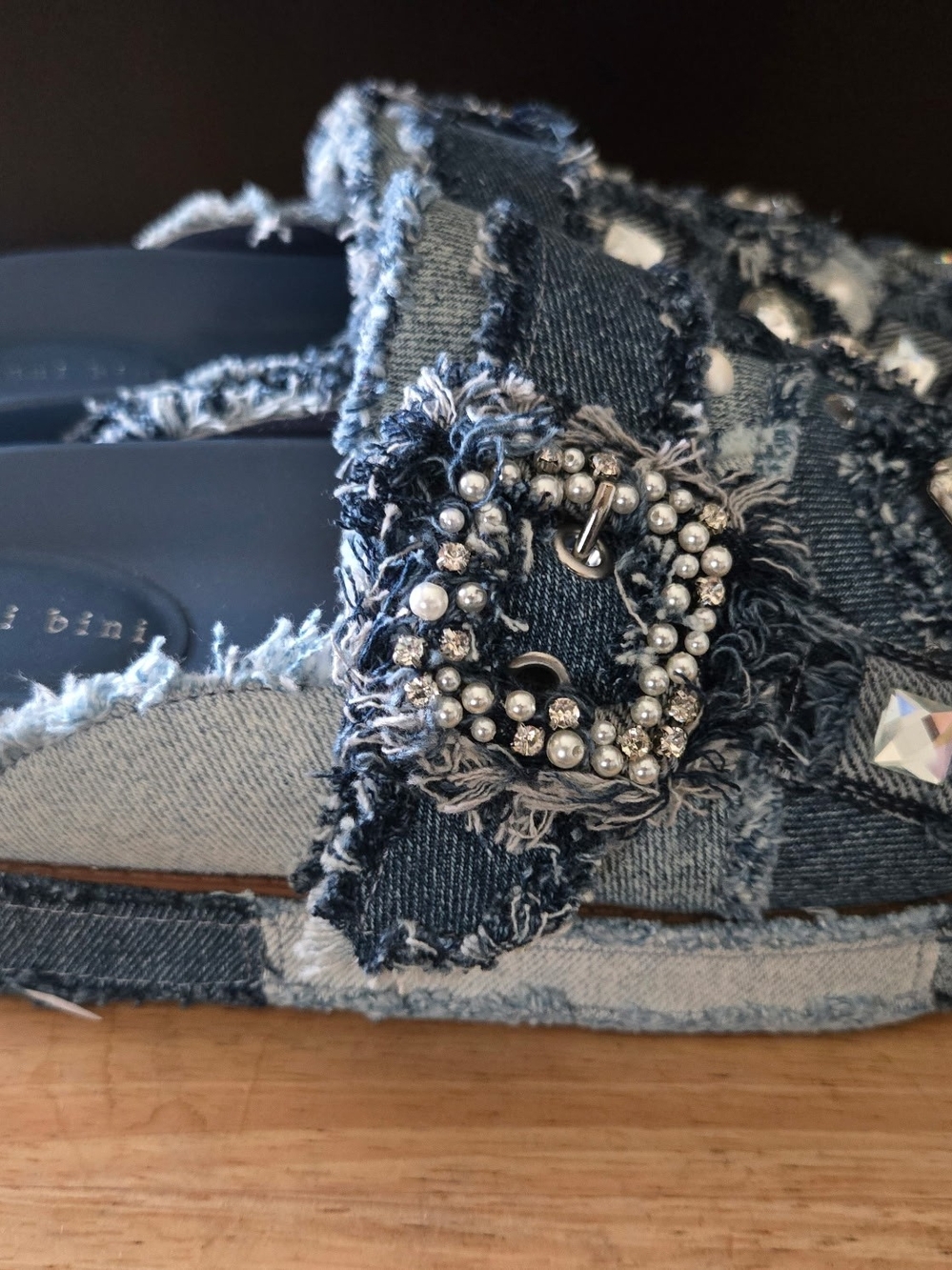 Gianni Bini Omari Denim Patchwork Jewel/ Pearl  Platform Clogs - Picture 6 of 9